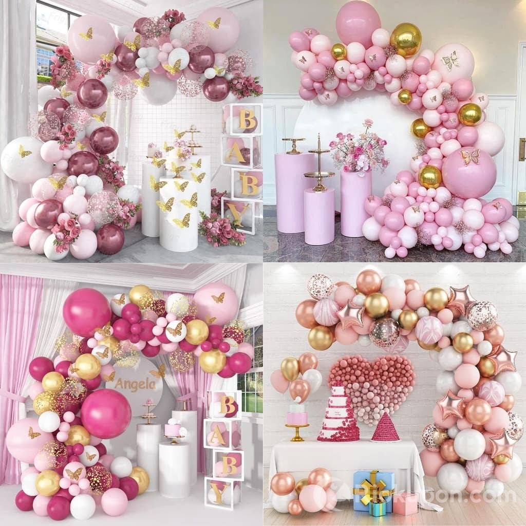 Set bóng bay trang trí tiệc sinh nhật bươm bướm bay màu pastel hồng, đỏ với dây kết bóng