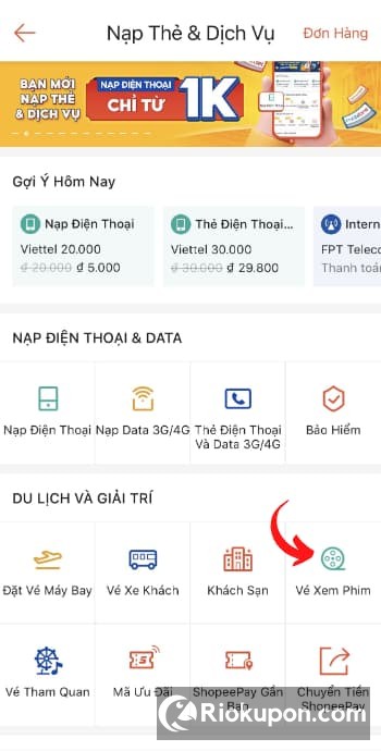 Giao diện chọn rạp và suất chiếu trên Shopee