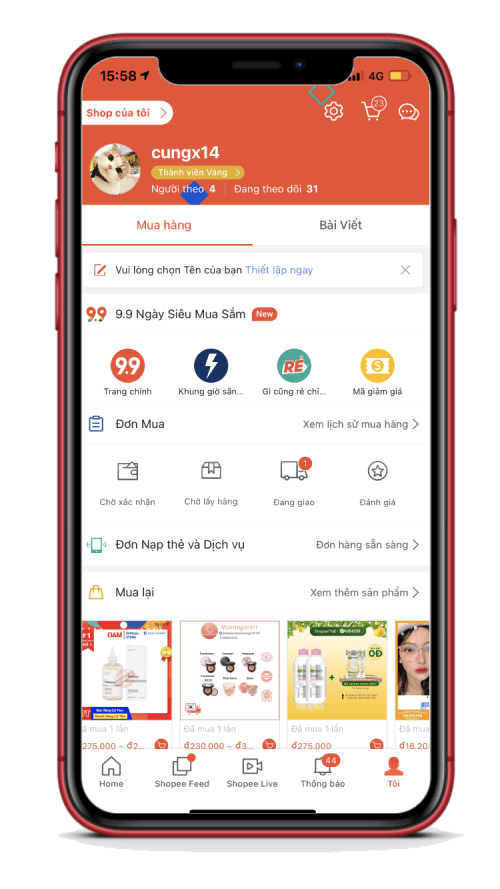 Tra cứu đơn hàng shopee trên ứng dụng