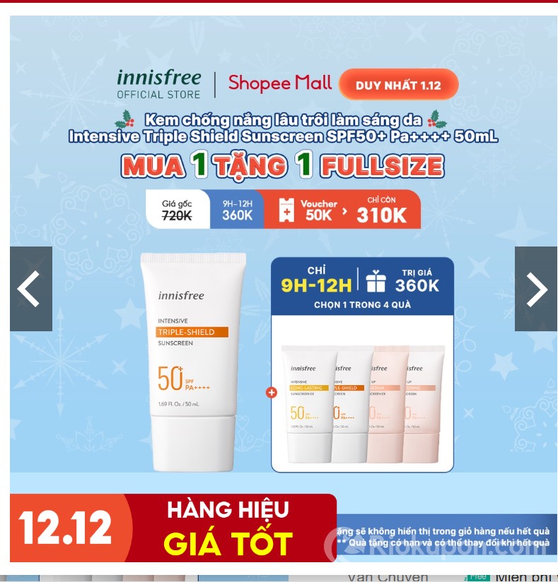 Kem chống nắng Triple Shield Sunscreen SPF 50+/PA ++++ Innisfree