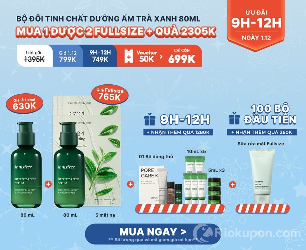 Bộ đôi tinh chất dưỡng ẩm trà xanh 80 ml Innisfree Shopee 12/12