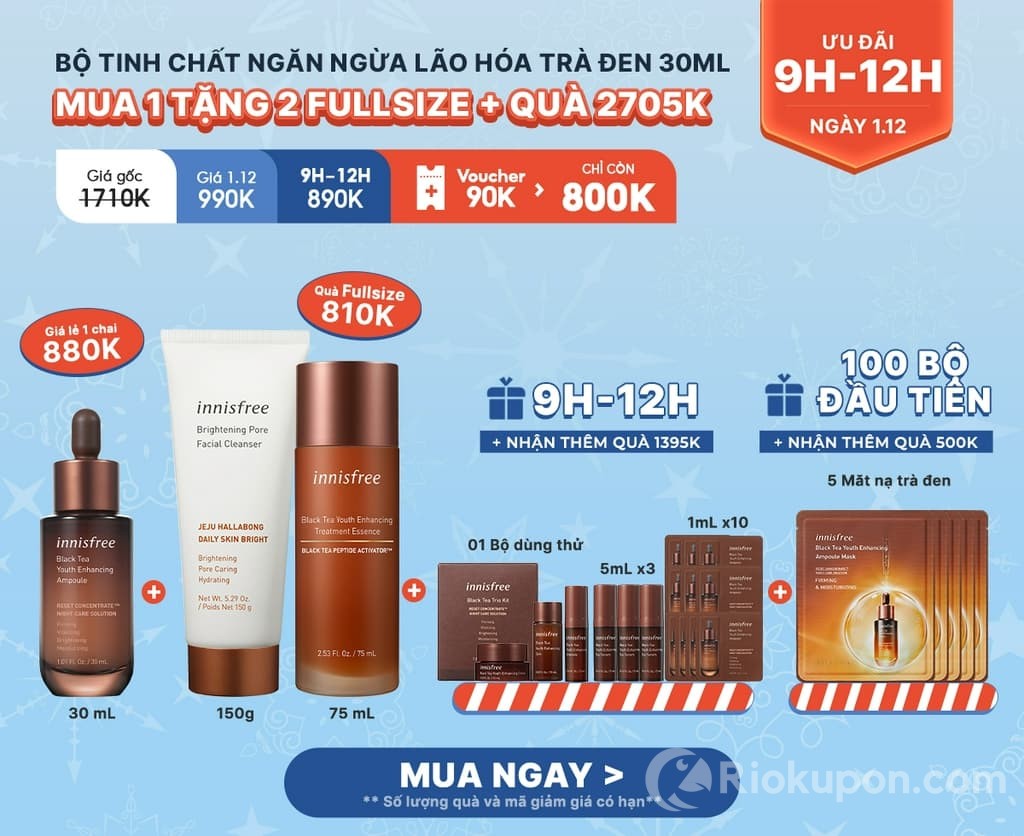 Bộ tinh chất ngăn ngừa lão hóa trà đen 30 ml Innisfree