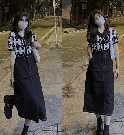Chân váy jeans kaki ulzzang cạp chun giá hạt dẻ