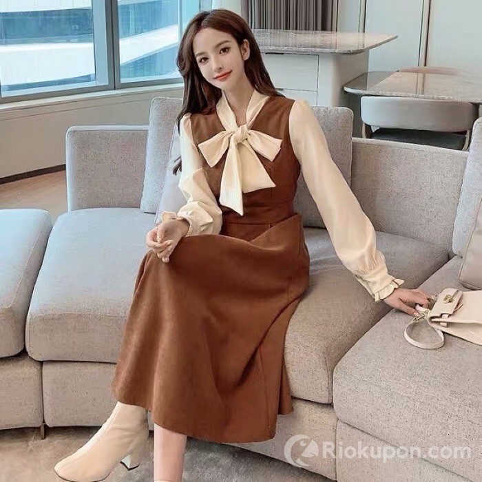 Váy đi tiệc dáng xòe dài tay thắt nơ có khóa kéo