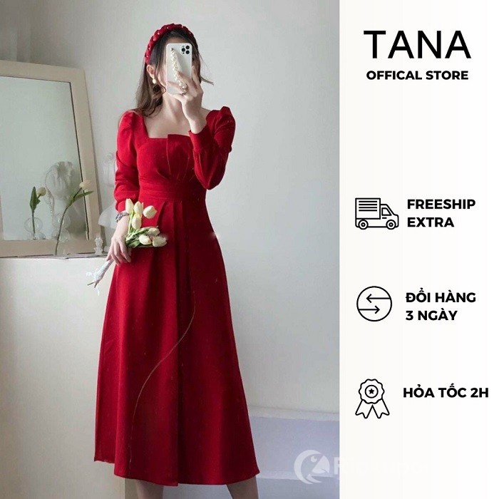Đầm dự tiệc TANA đỏ suông xếp ly sò ngực