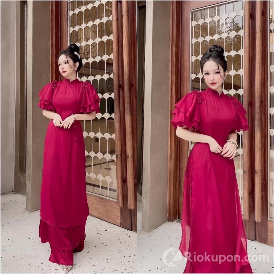 Áo dài cách tân 4 tà lệch lụa tơ đỏ đô, vàng, xanh ngọc, hồng phấn