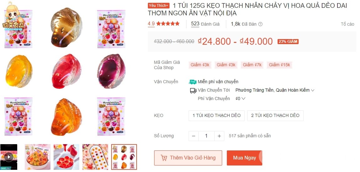 Kẹo thạch nhân chảy hoa quả
