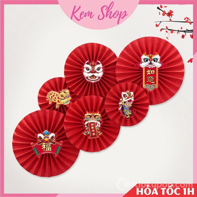 Set 6 quạt giấy đỏ Party Fan cao cấp kem shop trang trí tết