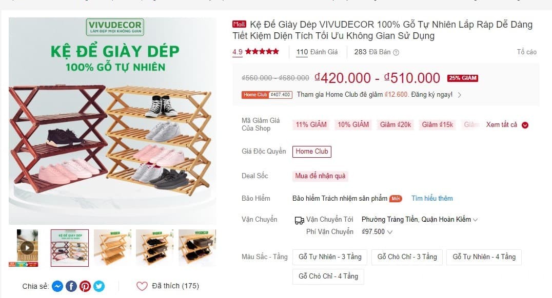 Kệ gỗ để giày VIVUDECOR chất liệu gỗ tự nhiên