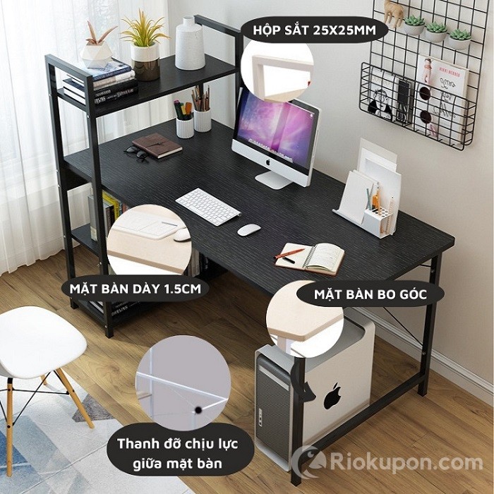 Bàn làm việc liền giá sách chân thép sơn tĩnh điện