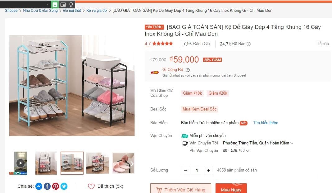 Kệ dép 4 tầng khung inox không gỉ bền bỉ