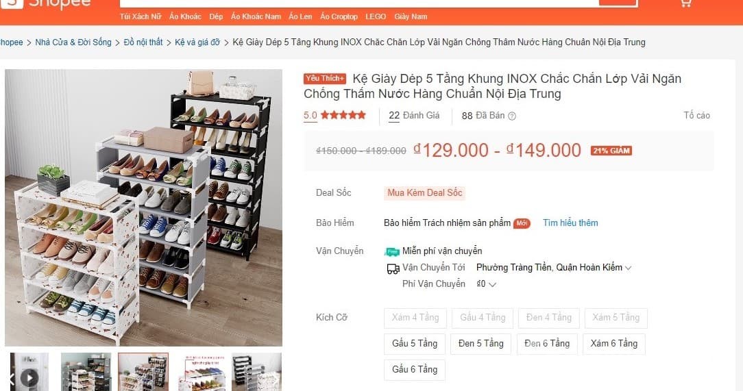 Kệ dép 5 tầng có lớp vải ngăn chống thấm