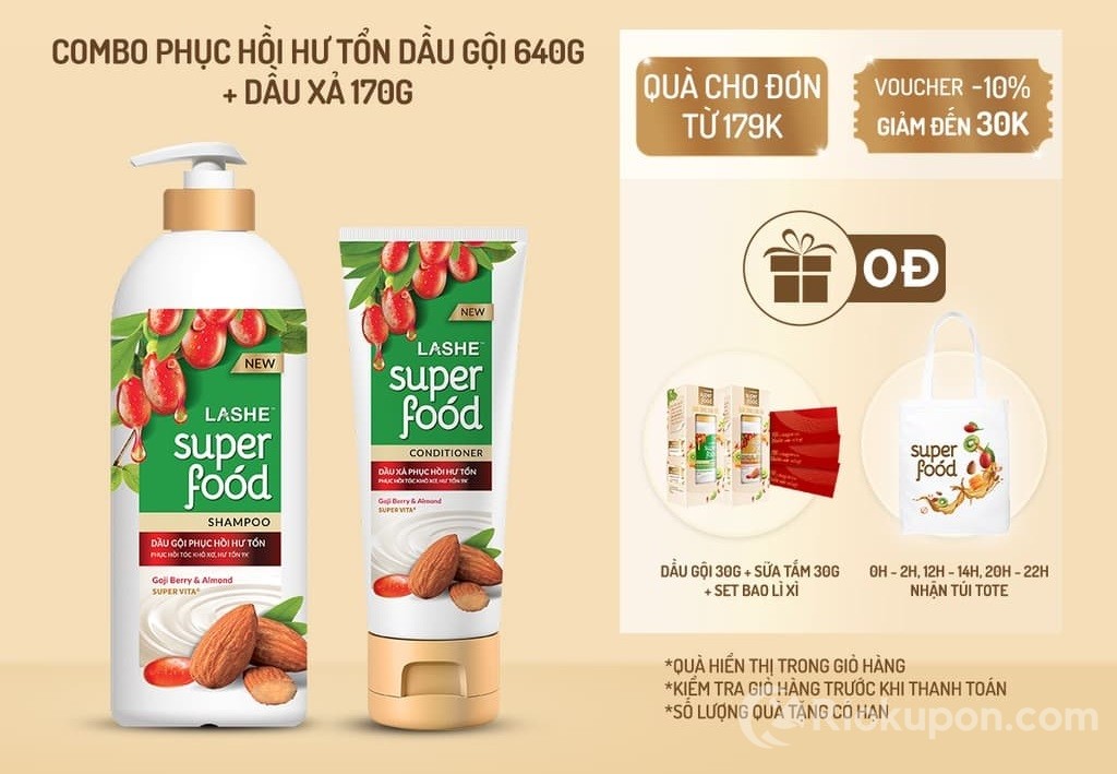 Combo dầu gội và dầu xả Lashe Superfood phục hồi hư tổn