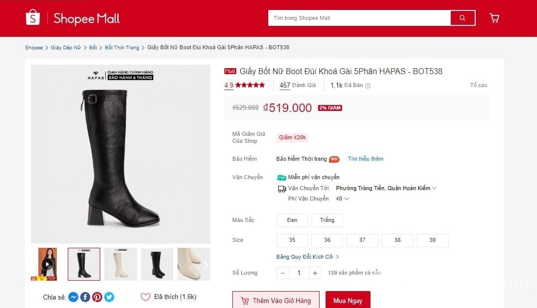 Boot nữ cổ cao HAPAS BOT538 đùi khóa gài chất liệu da mềm