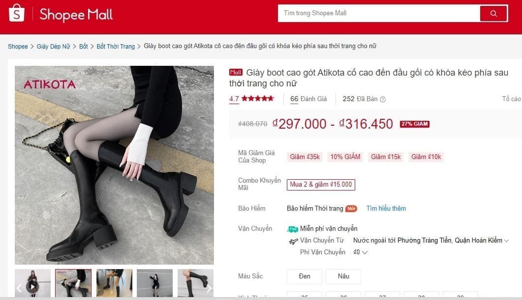 Boot nữ cổ cao Atikota khóa kéo phía sau màu đen