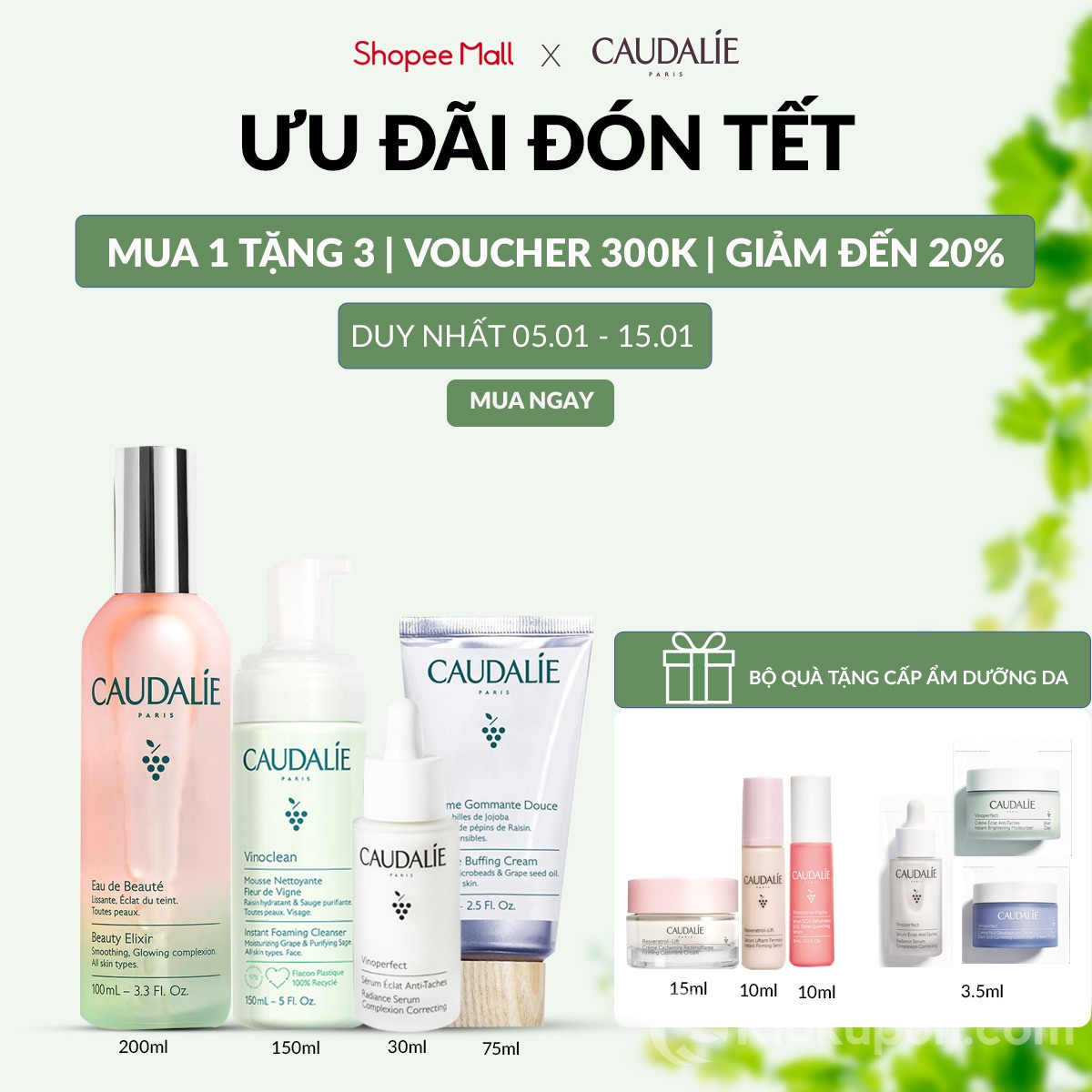 Mỹ phẩm Caudalie sale Tết: Tặng ngay voucher mua sắm tới 300K kèm deal mua 1 tặng 3 hấp dẫn 