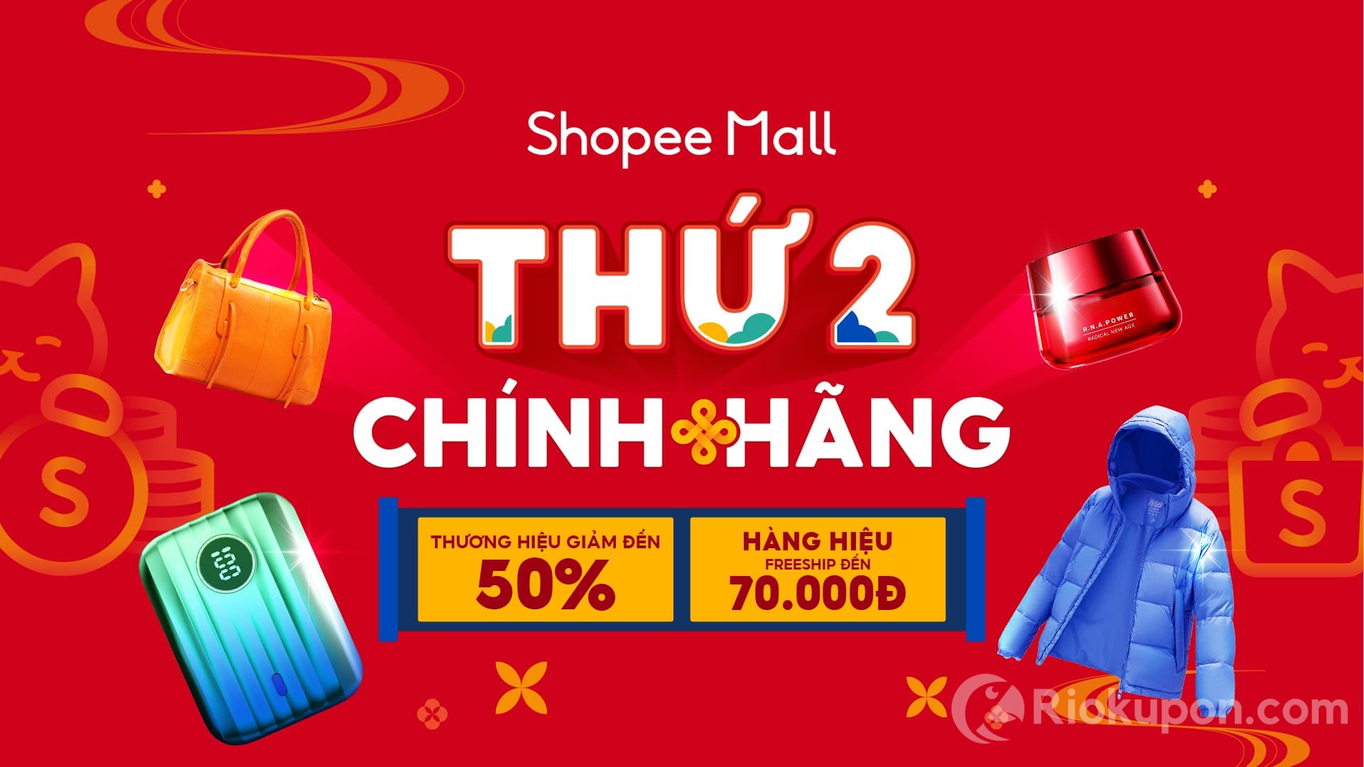 Banner thông tin sự kiện Thứ 2 chính hãng Shopee Mall sale hàng hiệu 50% freeship 70k