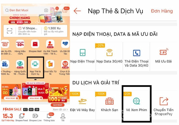 Giao diện chọn ghế đặt vé phim trên Shopee