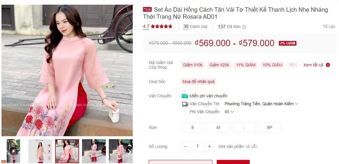 Áo dài cách tân Rosara AD01 màu hồng nhạt họa tiết cành hoa
