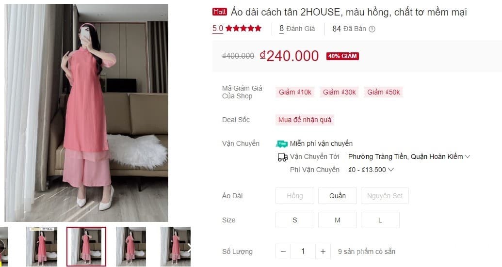 Áo dài cách tân 2HOUSE màu hồng cam chất tơ hai lớp phong cách retro