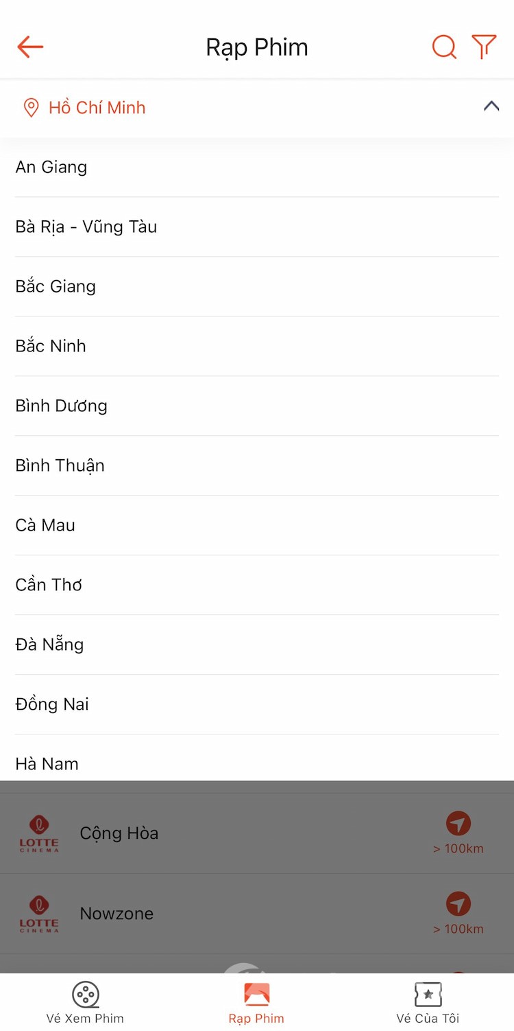 Giao diện chọn ghế đặt vé phim trên Shopee
