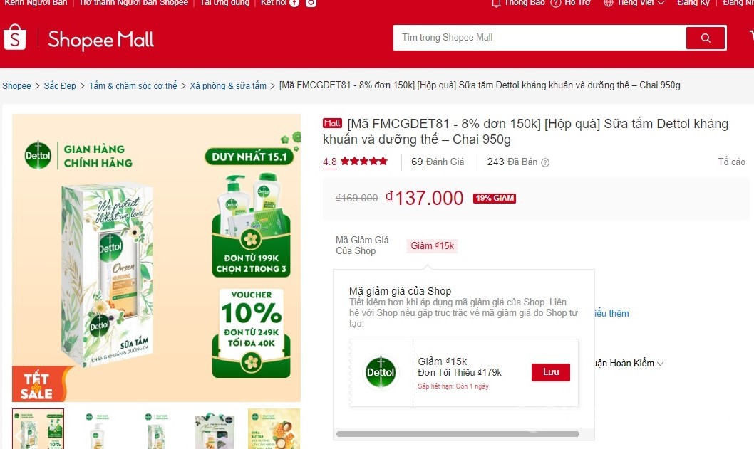 Hộp quà sữa tắm Dettol trong chương trình sale