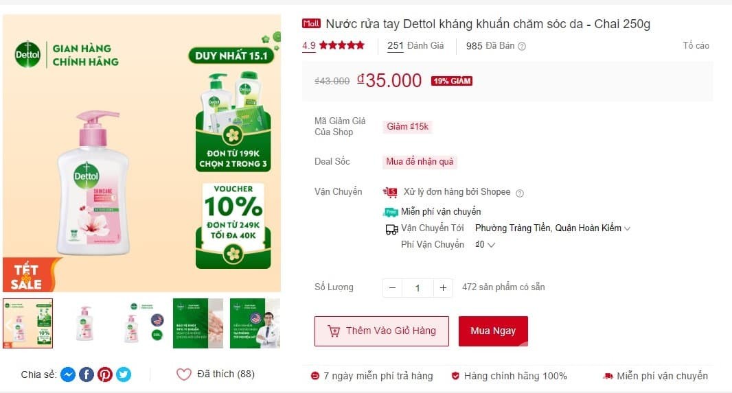 Chai nước rửa tay Dettol dạng gel