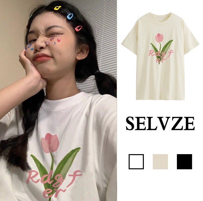 Selvze áo thun cotton ngắn tay dáng rộng in họa tiết retro