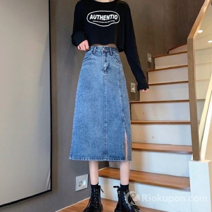 Chân váy jeans dài cạp cao xẻ gấu phong cách Ulzzang V03