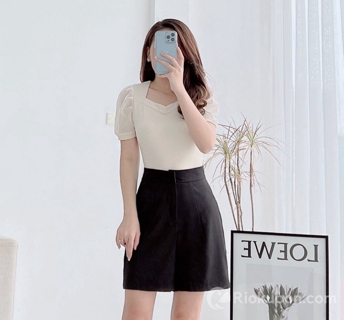 Áo công sở Nhật Vy cổ cách điệu phối tay tằm ánh kim D2508