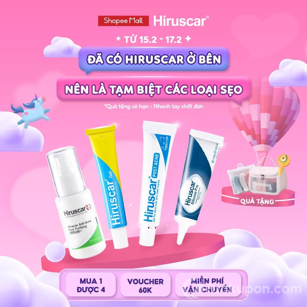 Shopee 15.2 - Mỹ phẩm Hiruscar mua 1 tặng 4, nhận voucher đến 40k