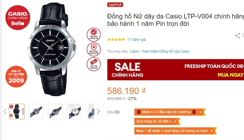 Đồng hồ nữ Casio LTP-V004 dây da màu nâu
