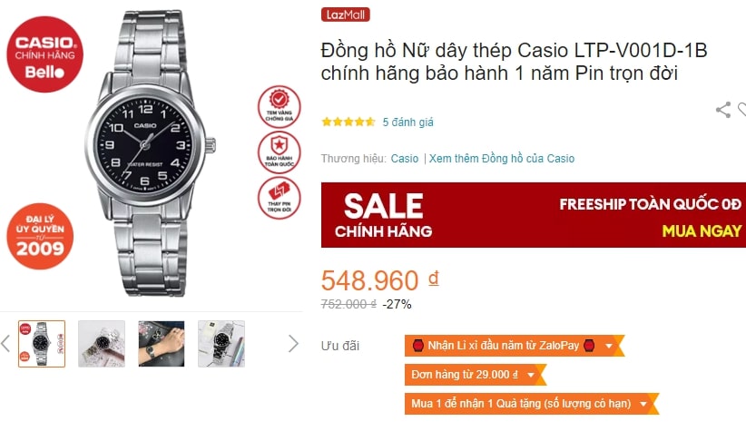 Đồng hồ nữ Casio LTP-V001D-1B dây thép bạc