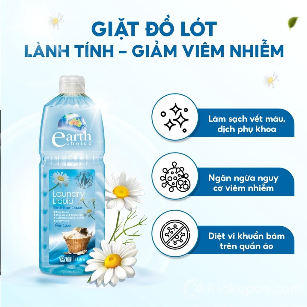 Nước giặt Earth Choice chai xanh lá với thành phần thảo mộc