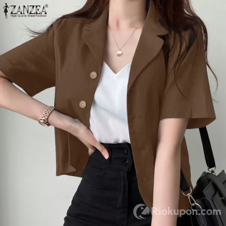 Áo blazer nữ mùa hè dáng rộng ngắn tay chất liệu polyester