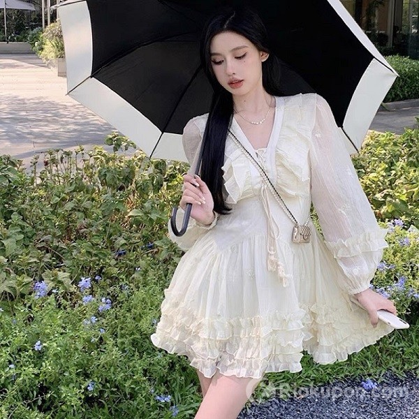Váy tơ nhăn pastel cổ V đan dây - dáng xòe tiểu thư