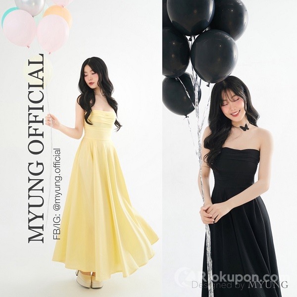 Đầm cúp xếp pastel hai màu vàng đen - dáng dài sang trọng