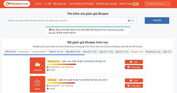Tìm và lưu mã Shopee trên Riokupon