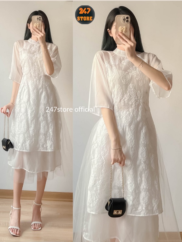 Áo dài gấm cách tân phối voan quý phái