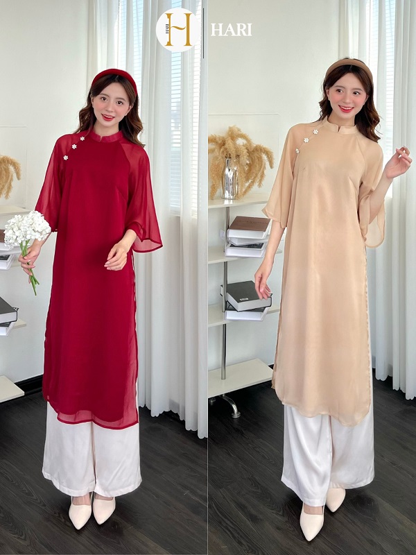 Áo dài Hari cách tân lụa cúc hoa ngọc sang trọng