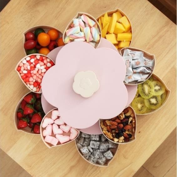 Khay đựng bánh kẹo Tết 2 tầng xoay 360 độ màu trắng sang trọng