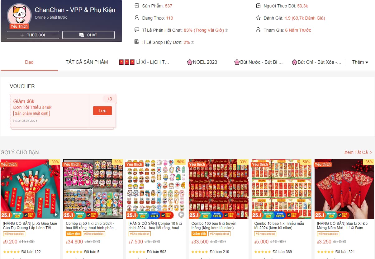 Bao lì xì gieo quẻ Tết 2024 shop Chanchan