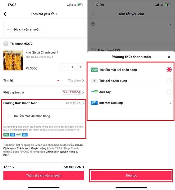 Hoàn tất đặt hàng trên TikTok Shop