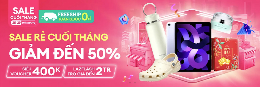 Banner chính Lazada sale cuối tháng 25-29.2 với ưu đãi voucher 400k và LazFlash trợ giá 2 triệu