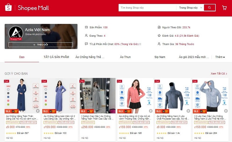 Áo chống nắng Azila Việt Nam đa dạng mẫu mã