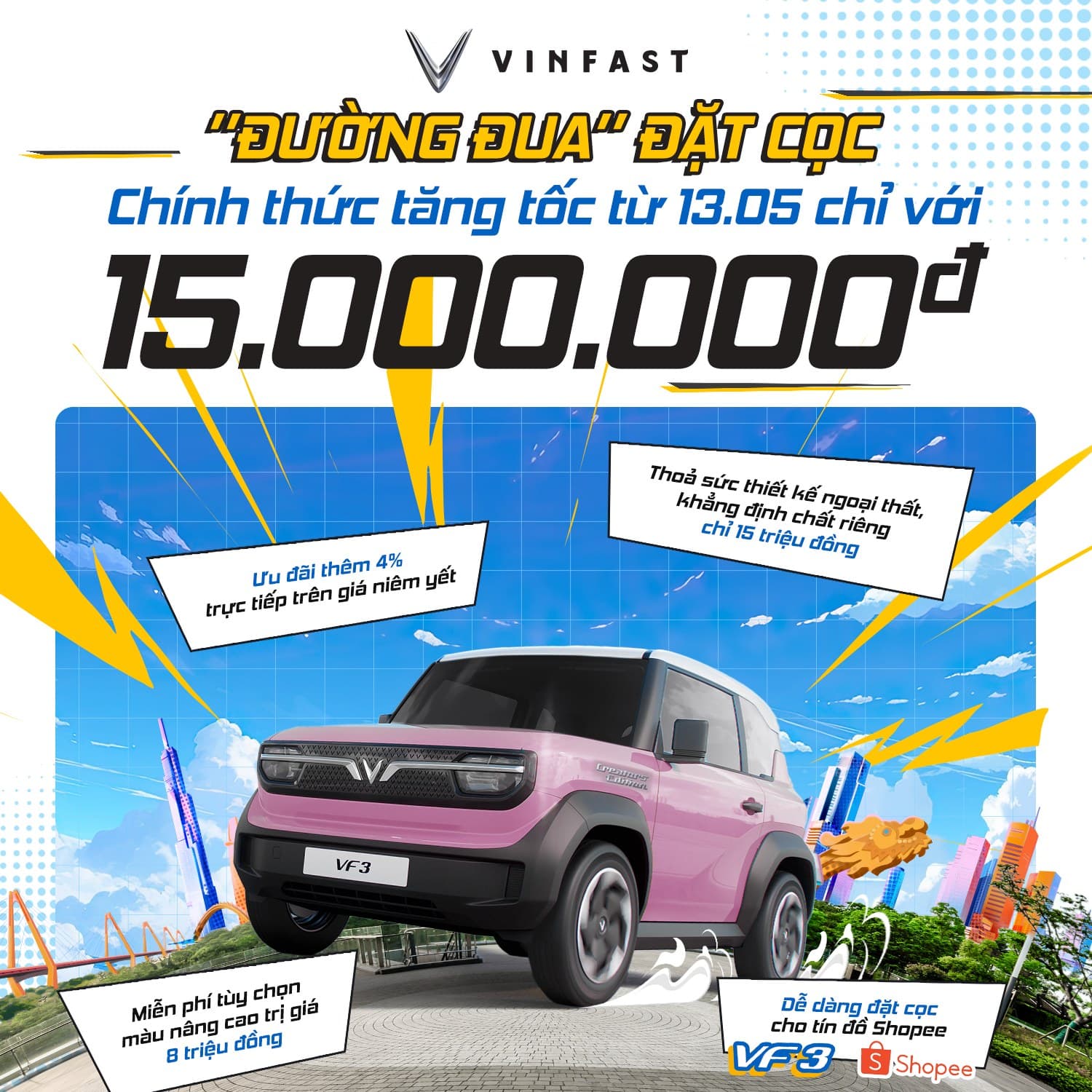 Voucher VinFast VF 3 trên Shopee - ưu đãi đặt cọc sớm