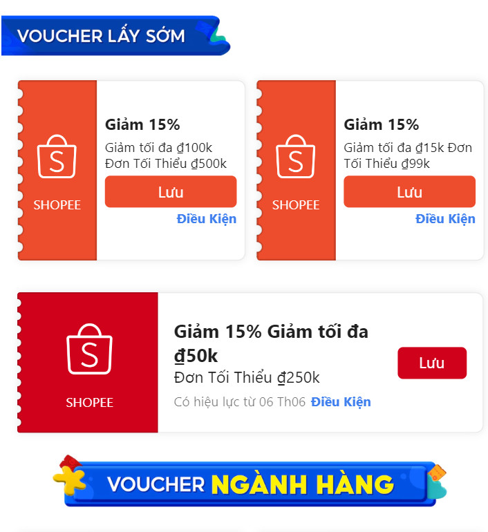 Voucher giảm giá toàn sàn và theo ngành hàng trong Shopee 6.6