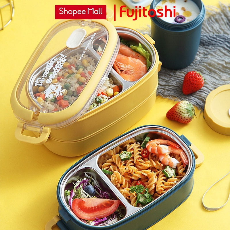 Hộp cơm giữ nhiệt Fujitoshi Lúa mạch 2 tầng có zon chống trào