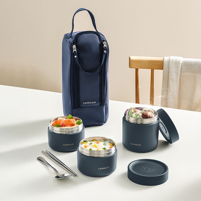 Bộ hộp cơm giữ nhiệt văn phòng LocknLock Lunch box 3 ngăn túi thìa đũa