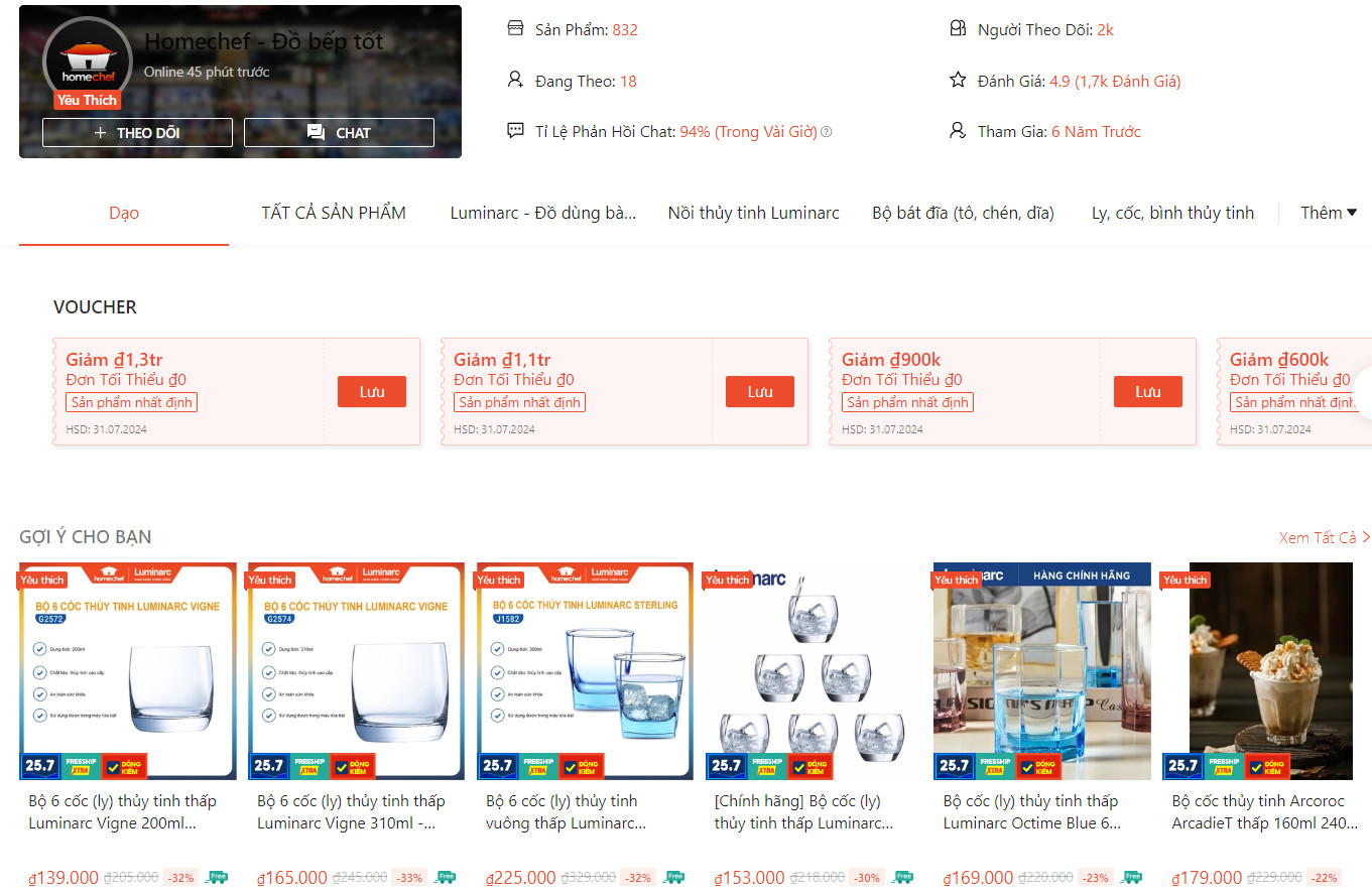Ly Luminarc được bán tại Homechef trên Shopee